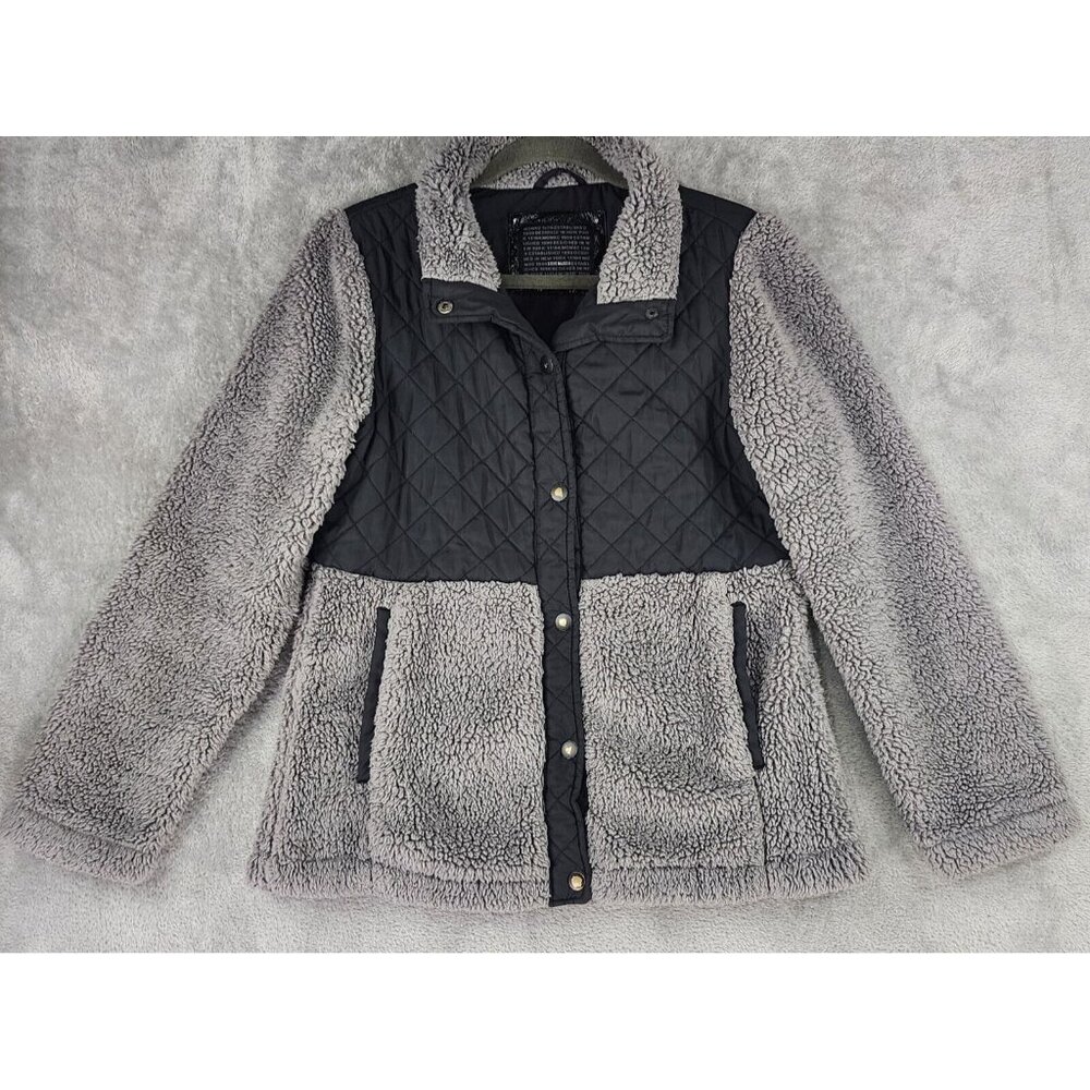 Steve‎ Madden Sherpa Jacket Womens Medium Gray Black Quilted Snap On Outdoor